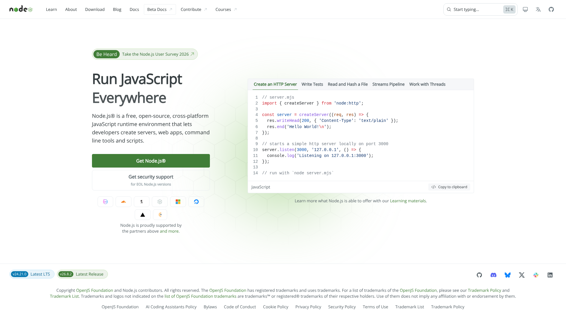 Full-page screenshot of nodejs.org captured at 1920 by 1080 pixels